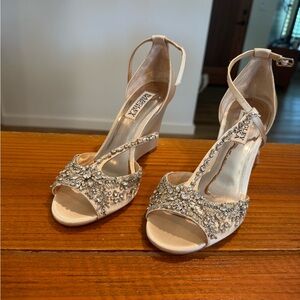 Badgley Mischka Sarah Satin Embellished Wedge Heels - Cream and Silver